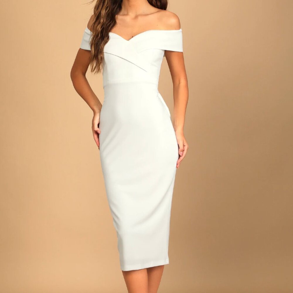 NWT LULUS Cordially Invited White Off-the-Shoulder Bow Back Midi Dress | Size XS